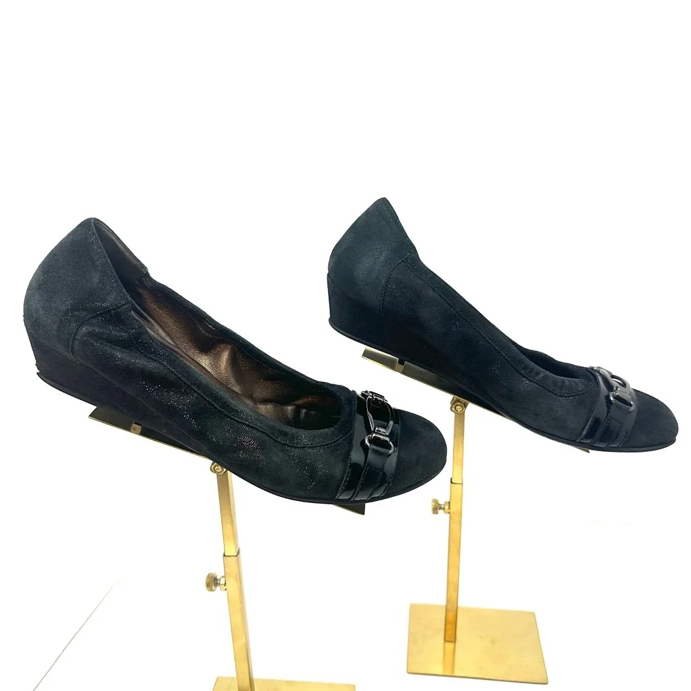 AGL Attilio Giusti Leombruni Black Suede Fabric Wedge Pumps Buckle‎ Italy 40.5